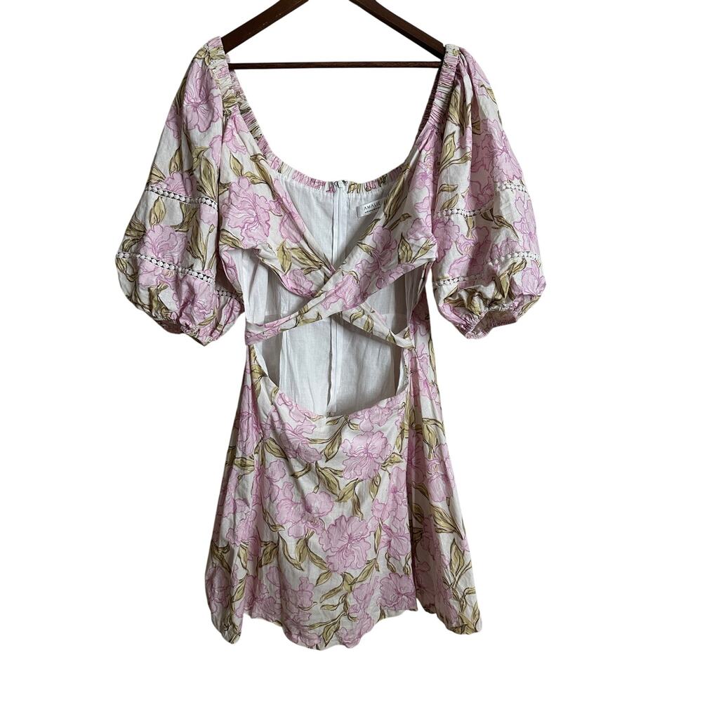 Amalie the Label Linen Blend Floral Puff Sleeve Crossover Cutout Mini Dress 16